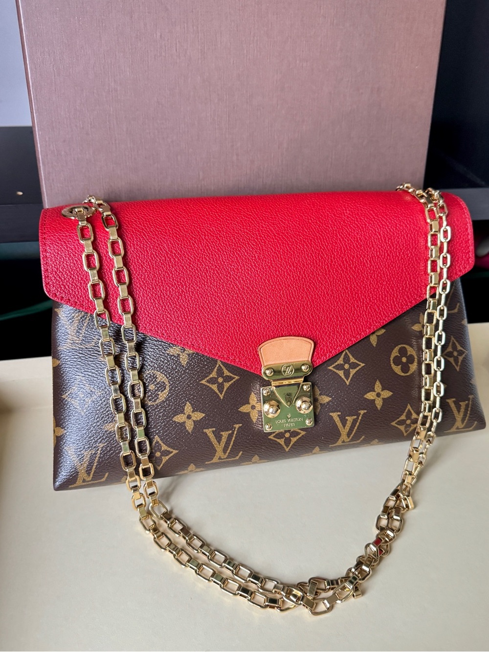 Louis Vuitton Red Leather & Monogram Chain Shoulder Bag